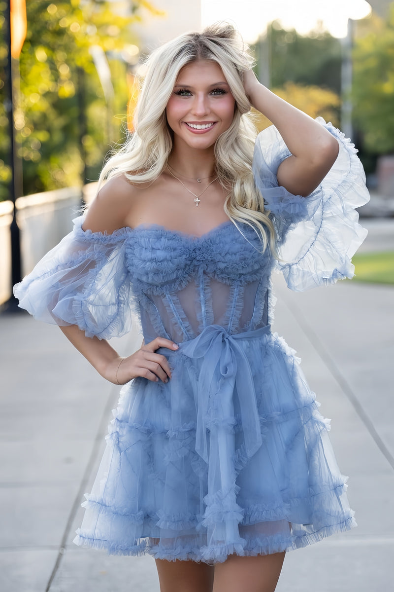 Dusty Blue Tulle Homecoming Dresses With Bubble Sleeves, AST1457