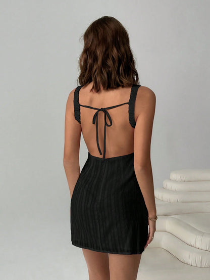 Easelle Women's Solid Color Backless Lace-Up Sleeveless Mini Summer Dress