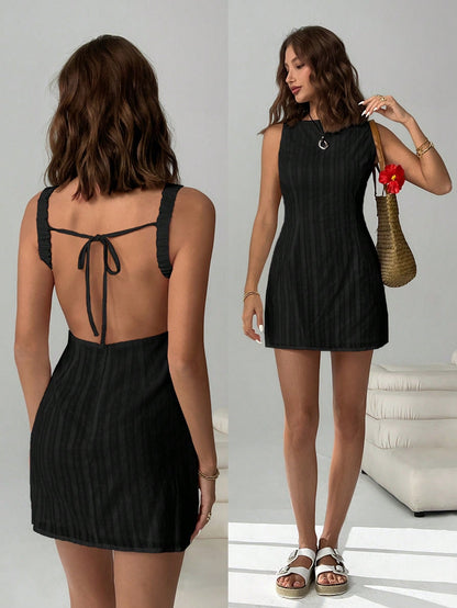 Easelle Women's Solid Color Backless Lace-Up Sleeveless Mini Summer Dress