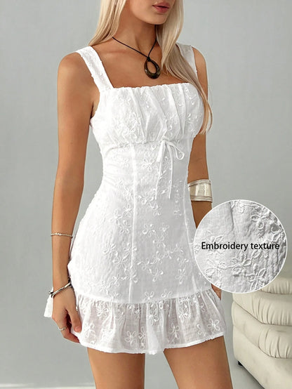 Easelle Women's Summer Clothing Vacation Bohemian Beach Casual Sweet White Embroidery Front Tie Ruffles Small Flying Sleeves Suspender Mini Dress