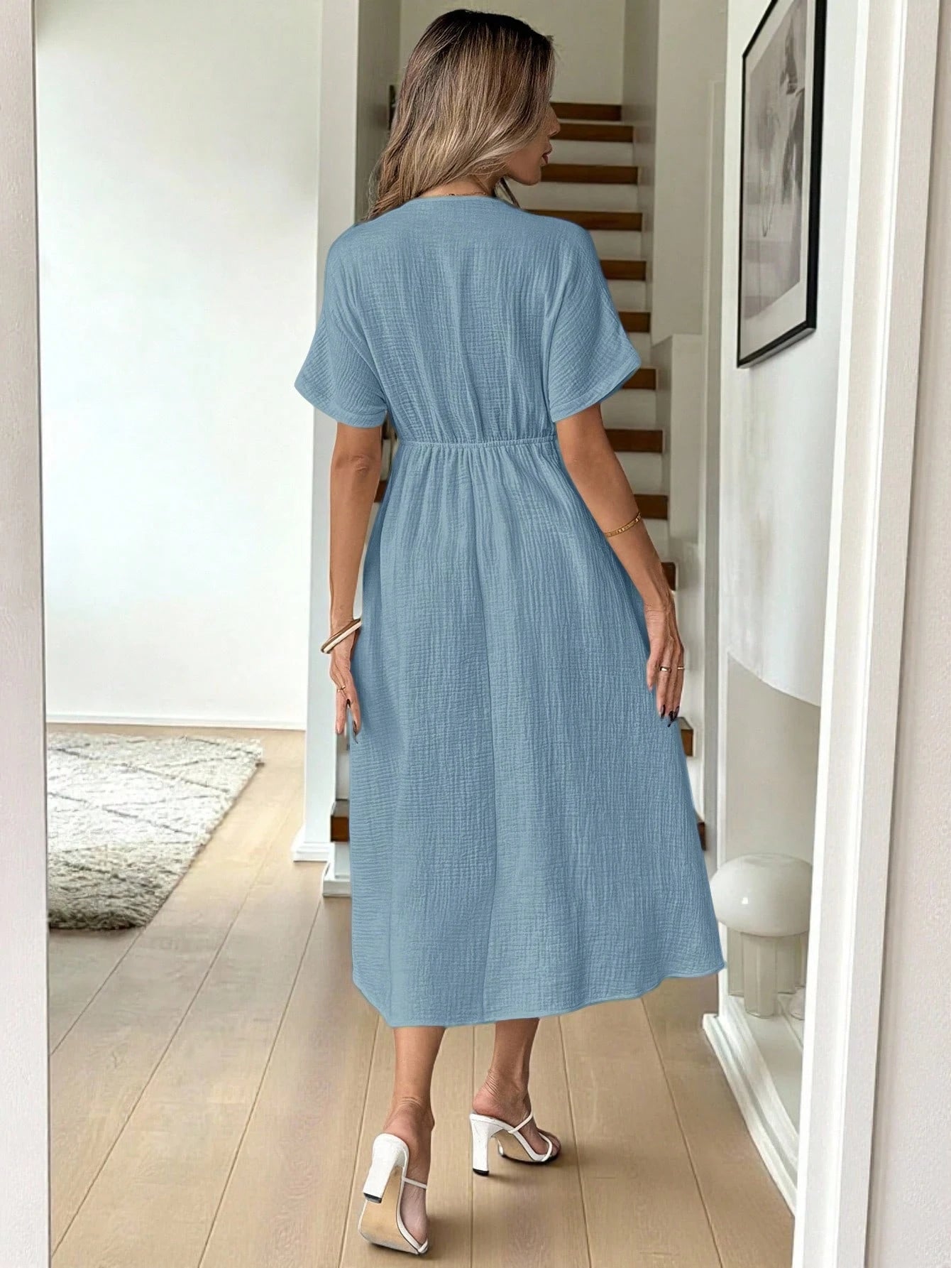 Easowa Apricot Bowknot Casual Midi Dress For Women Baby Blue Dress,Sun Dresses For Women Work Summer Dresses,Shirt Dresses For Women
