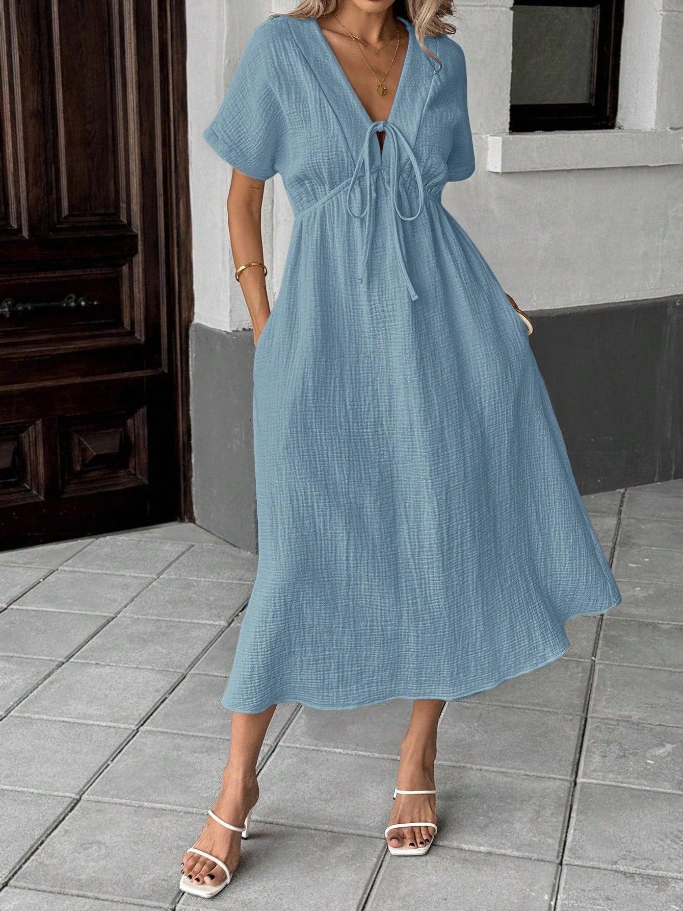 Easowa Apricot Bowknot Casual Midi Dress For Women Baby Blue Dress,Sun Dresses For Women Work Summer Dresses,Shirt Dresses For Women