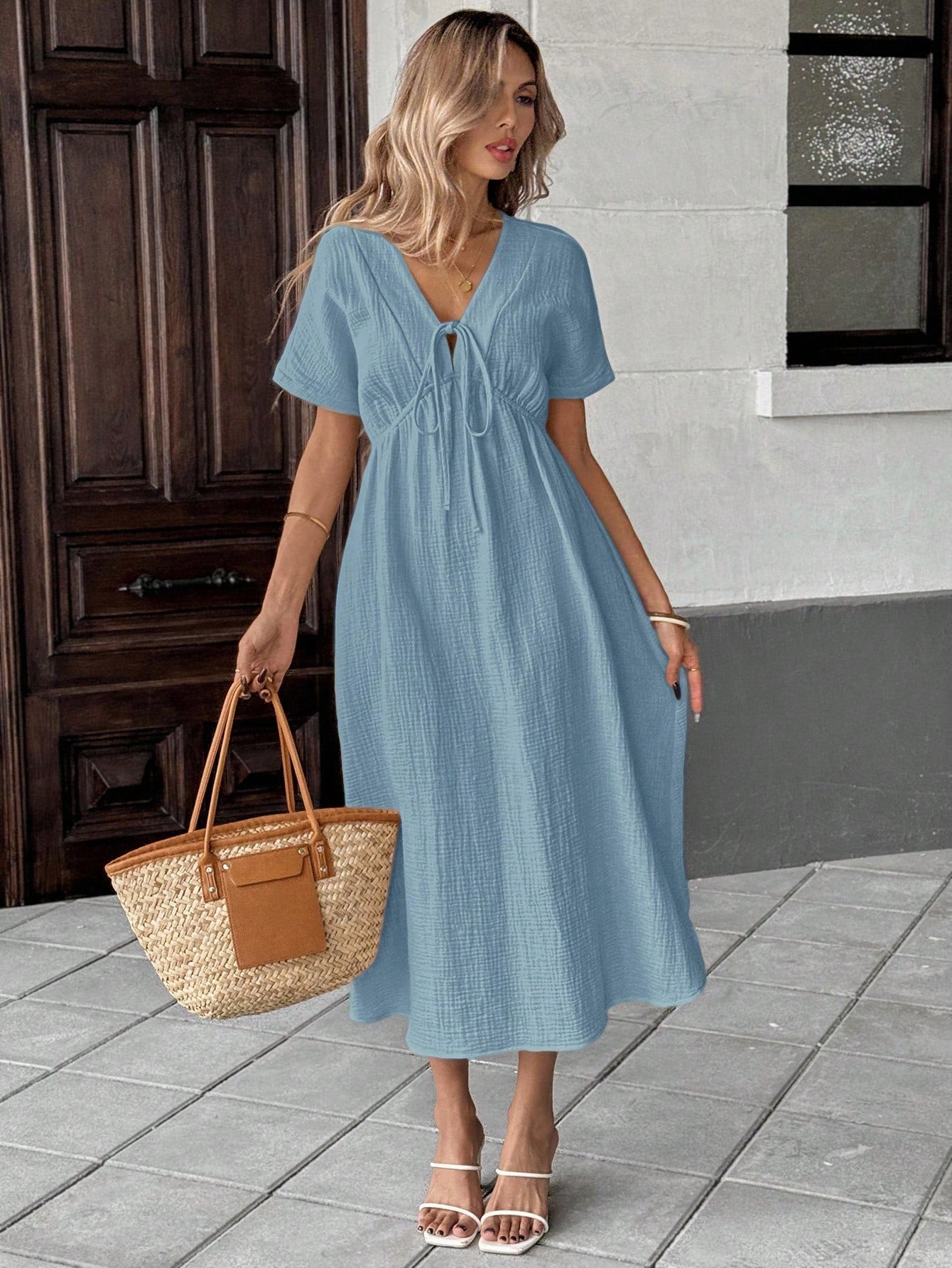 Easowa Apricot Bowknot Casual Midi Dress For Women Baby Blue Dress,Sun Dresses For Women Work Summer Dresses,Shirt Dresses For Women