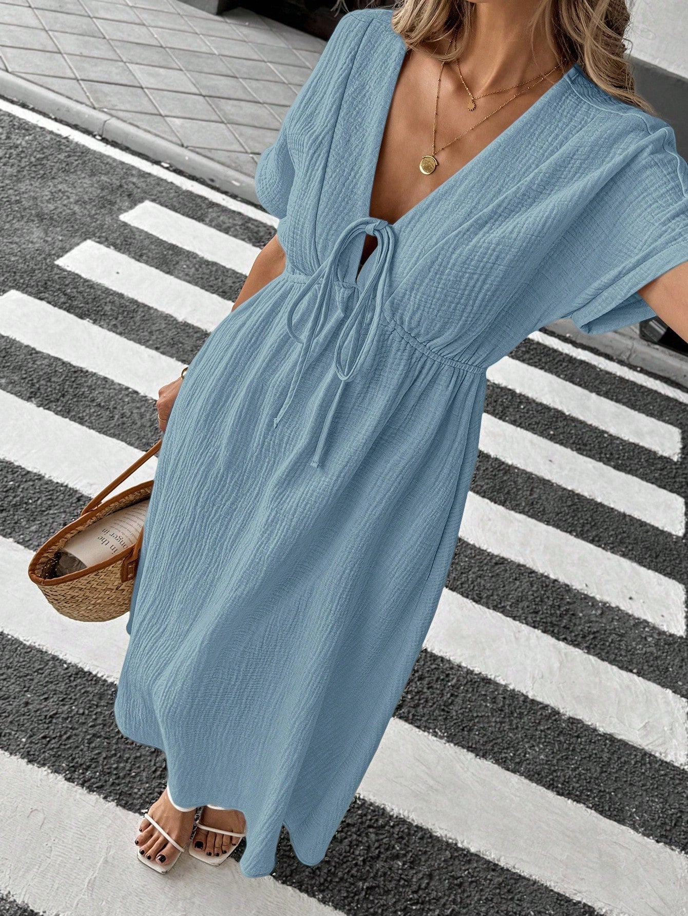 Easowa Apricot Bowknot Casual Midi Dress For Women Baby Blue Dress,Sun Dresses For Women Work Summer Dresses,Shirt Dresses For Women