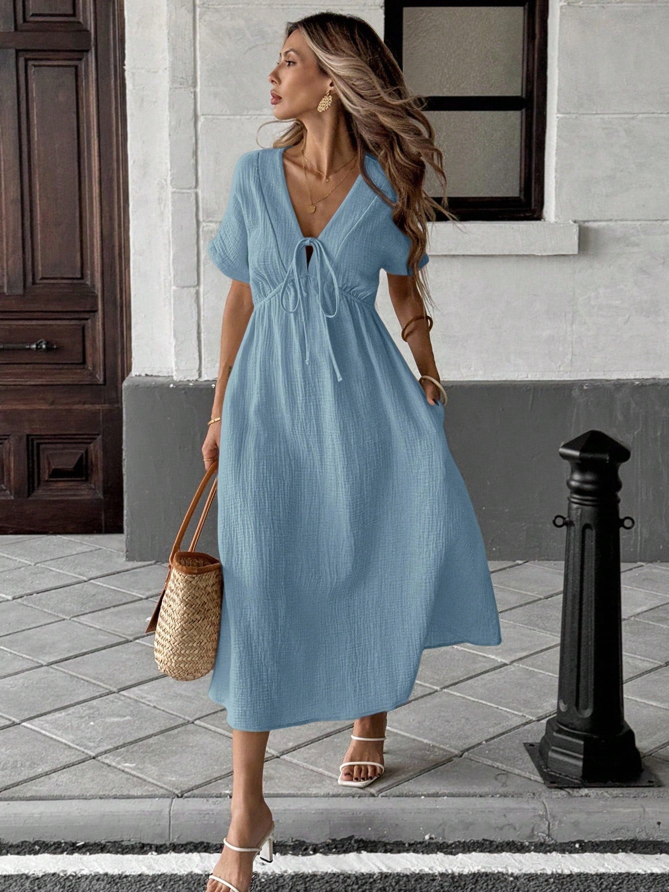 Easowa Apricot Bowknot Casual Midi Dress For Women Baby Blue Dress,Sun Dresses For Women Work Summer Dresses,Shirt Dresses For Women