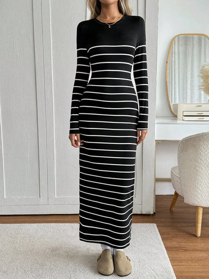 Easowa Black And White Striped Round Neck Fitted Waist Bodycon Long Sleeve Dress, Casual Relaxed Commuter Vintage Style For Women Maxi Stripe Brunch Autumn