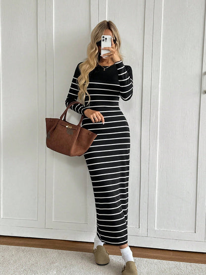Easowa Black And White Striped Round Neck Fitted Waist Bodycon Long Sleeve Dress, Casual Relaxed Commuter Vintage Style For Women Maxi Stripe Brunch Autumn