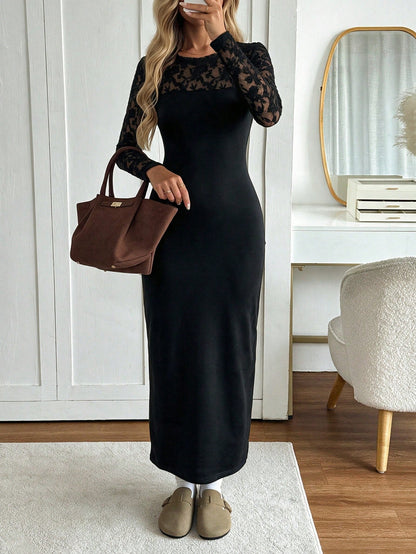 Easowa Black And White Striped Round Neck Fitted Waist Bodycon Long Sleeve Dress, Casual Relaxed Commuter Vintage Style For Women Maxi Stripe Brunch Autumn