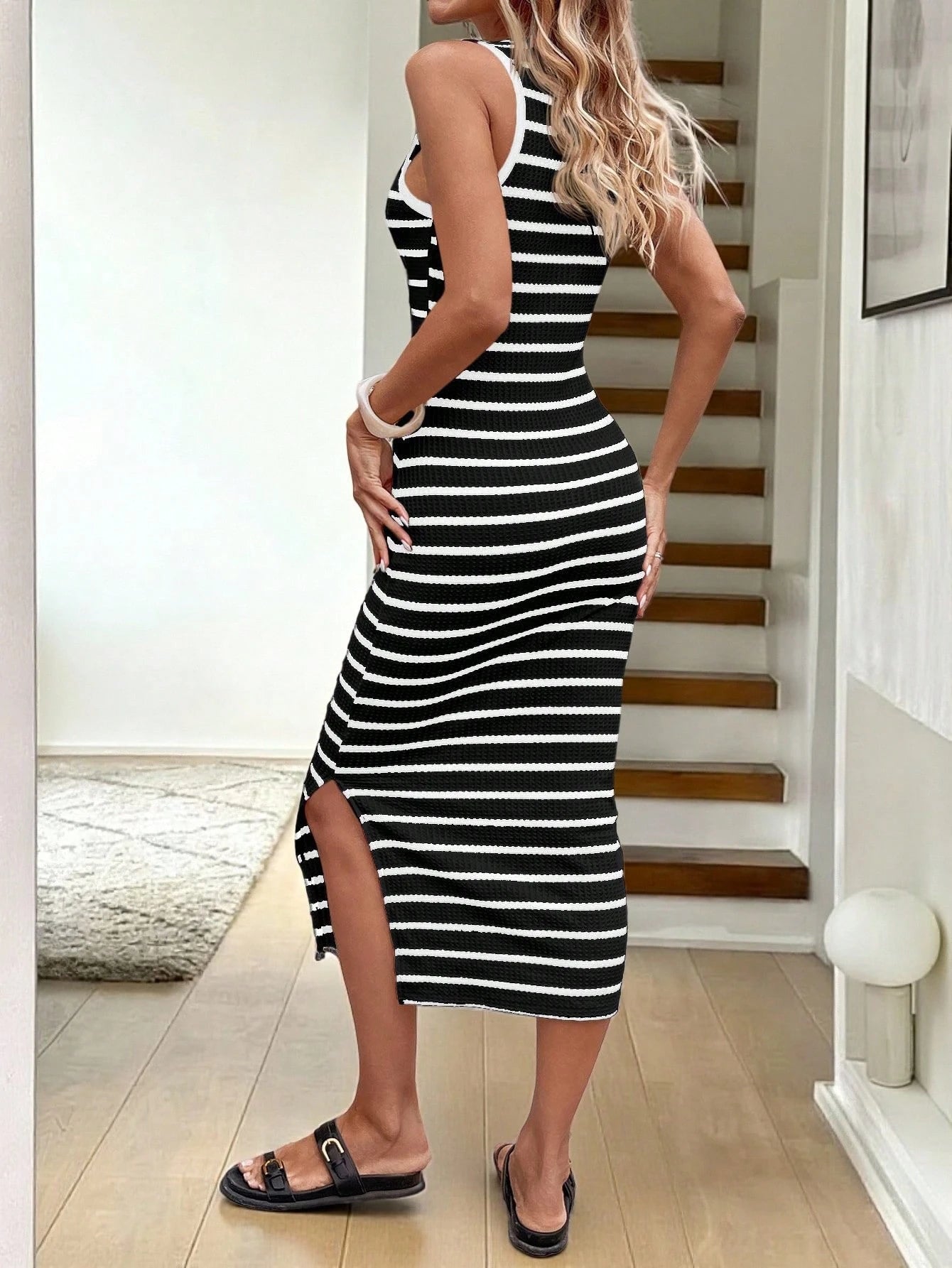 Easowa Black & White Striped Fitted Side Slit Mid-Length Casual Dress, Suitable For Holiday, Office Wear, Spring/Summer