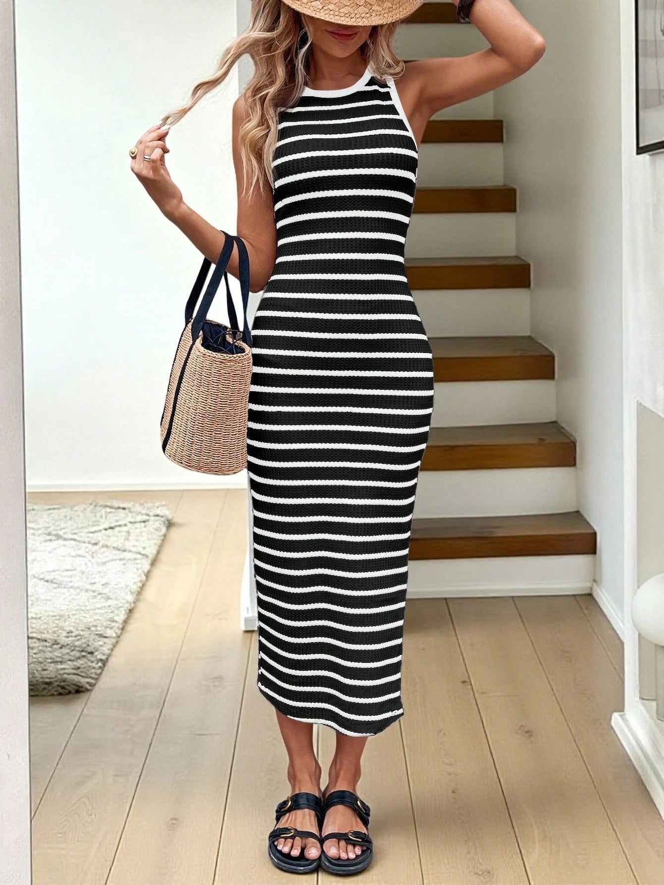 Easowa Black & White Striped Fitted Side Slit Mid-Length Casual Dress, Suitable For Holiday, Office Wear, Spring/Summer