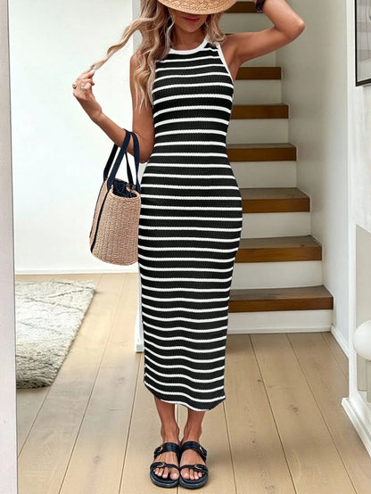 Easowa Black & White Striped Fitted Side Slit Mid-Length Casual Dress, Suitable For Holiday, Office Wear, Spring/Summer