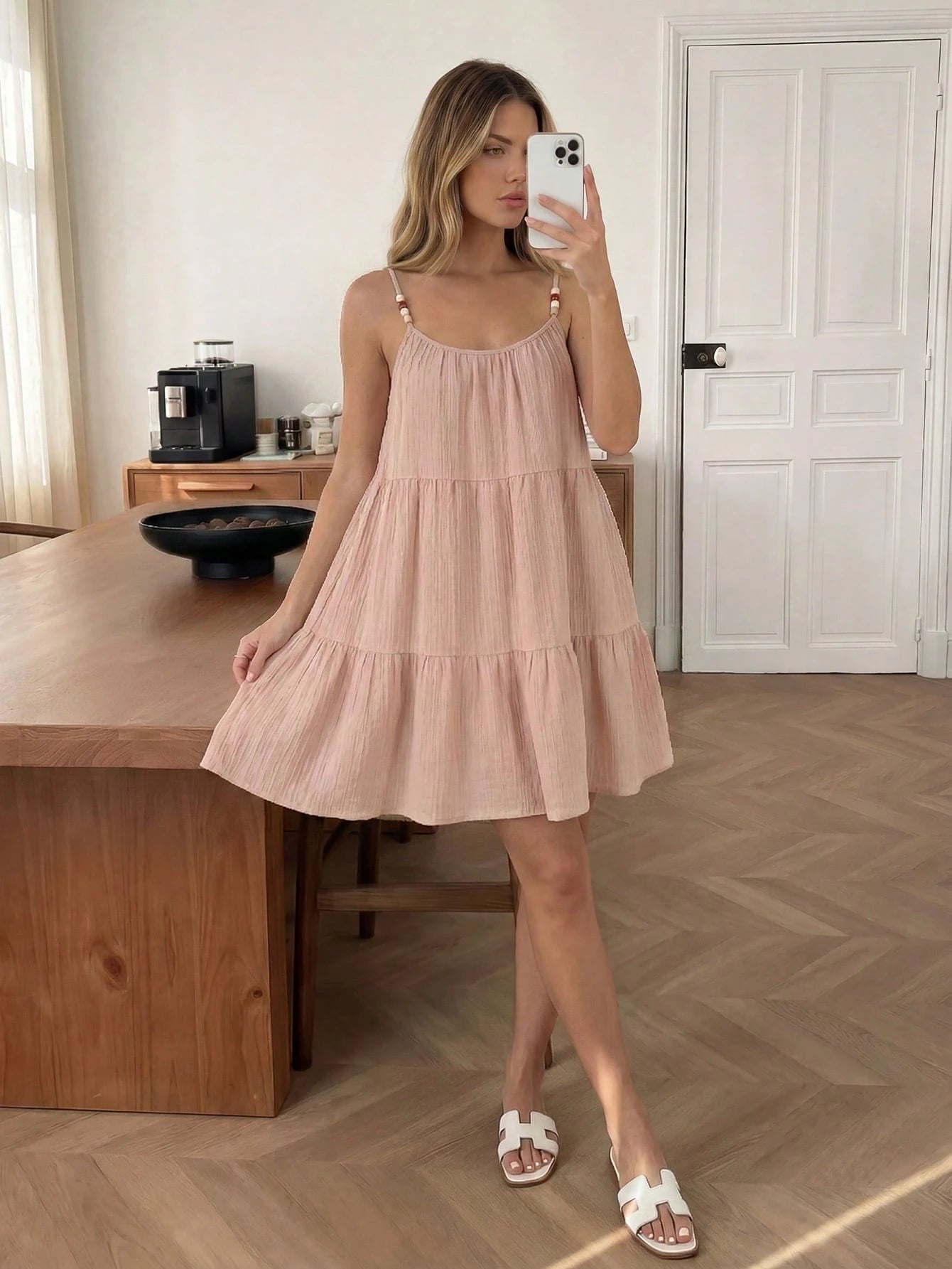 Easowa Cute Dusty Pink Layered Ruffle Hem A-Line Umbrella Dress, Summer Spaghetti Strap Ruched Chiffon Fabric, Elegant Boho Commuter Vacation Women Picnic