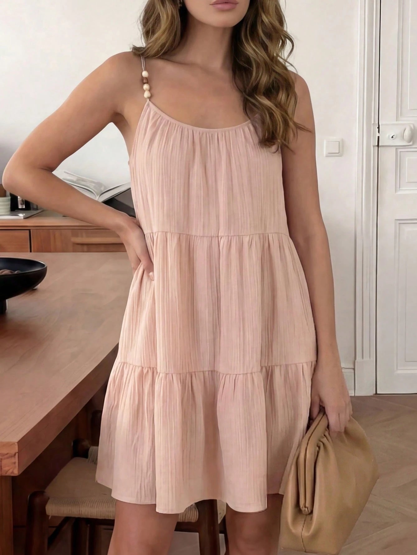 Easowa Cute Dusty Pink Layered Ruffle Hem A-Line Umbrella Dress, Summer Spaghetti Strap Ruched Chiffon Fabric, Elegant Boho Commuter Vacation Women Picnic