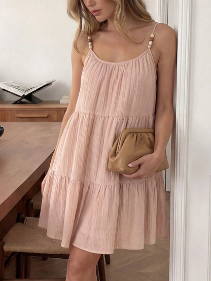 Easowa Cute Dusty Pink Layered Ruffle Hem A-Line Umbrella Dress, Summer Spaghetti Strap Ruched Chiffon Fabric, Elegant Boho Commuter Vacation Women Picnic