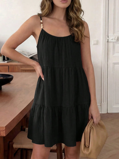 Easowa Cute Dusty Pink Layered Ruffle Hem A-Line Umbrella Dress, Summer Spaghetti Strap Ruched Chiffon Fabric, Elegant Boho Commuter Vacation Women Picnic