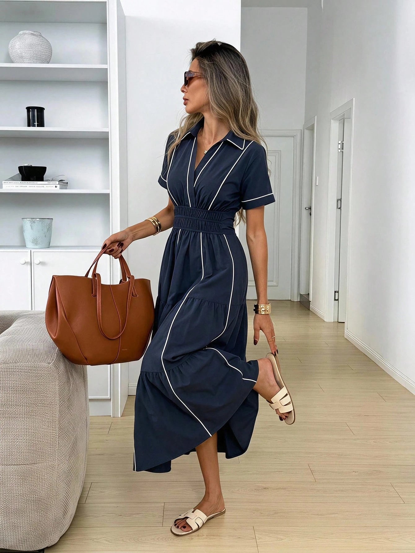 Easowa Shirred Criss-Cross Wrap Contrast Trim Collar Dolman Sleeve Wide Shoulder Cinched Waist Ruched Multi-Tier Ruffle Hem A-Line Dress, Casual Relaxed Elegant Office To Resort Wear For Women, Spring