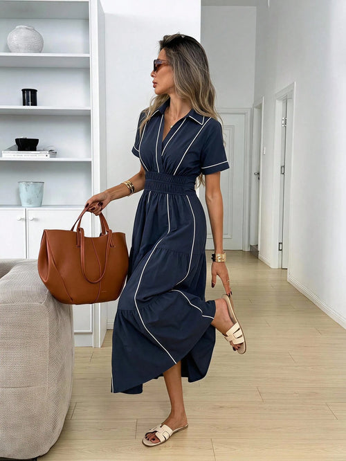 Easowa Shirred Criss-Cross Wrap Contrast Trim Collar Dolman Sleeve Wide Shoulder Cinched Waist Ruched Multi-Tier Ruffle Hem A-Line Dress, Casual Relaxed Elegant Office To Resort Wear For Women, Spring