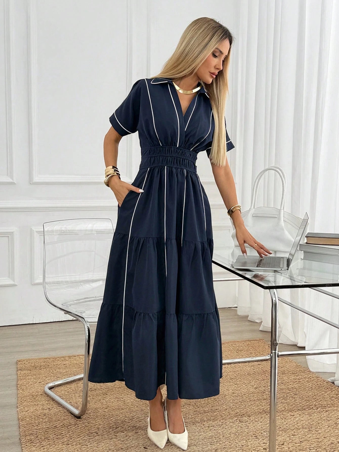 Easowa Shirred Criss-Cross Wrap Contrast Trim Collar Dolman Sleeve Wide Shoulder Cinched Waist Ruched Multi-Tier Ruffle Hem A-Line Dress, Casual Relaxed Elegant Office To Resort Wear For Women, Spring