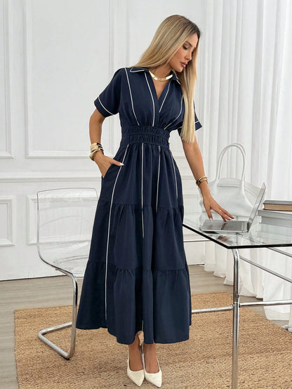 Easowa Shirred Criss-Cross Wrap Contrast Trim Collar Dolman Sleeve Wide Shoulder Cinched Waist Ruched Multi-Tier Ruffle Hem A-Line Dress, Casual Relaxed Elegant Office To Resort Wear For Women, Spring