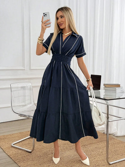 Easowa Shirred Criss-Cross Wrap Contrast Trim Collar Dolman Sleeve Wide Shoulder Cinched Waist Ruched Multi-Tier Ruffle Hem A-Line Dress, Casual Relaxed Elegant Office To Resort Wear For Women, Spring