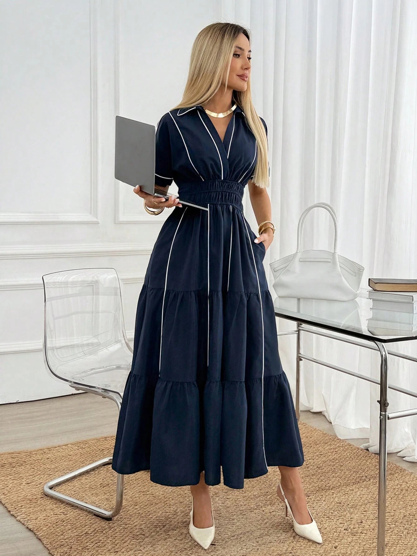 Easowa Shirred Criss-Cross Wrap Contrast Trim Collar Dolman Sleeve Wide Shoulder Cinched Waist Ruched Multi-Tier Ruffle Hem A-Line Dress, Casual Relaxed Elegant Office To Resort Wear For Women, Spring