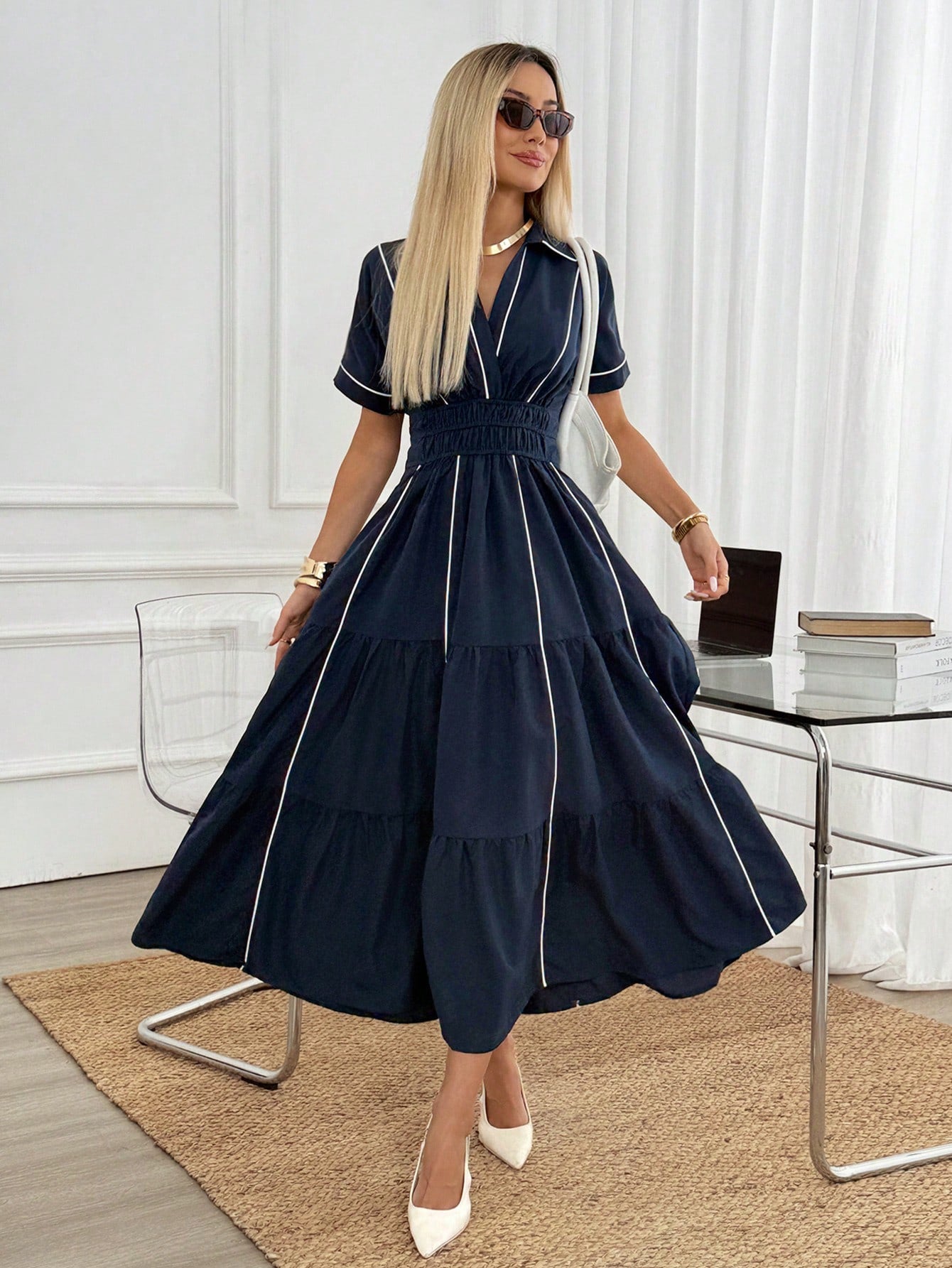 Easowa Shirred Criss-Cross Wrap Contrast Trim Collar Dolman Sleeve Wide Shoulder Cinched Waist Ruched Multi-Tier Ruffle Hem A-Line Dress, Casual Relaxed Elegant Office To Resort Wear For Women, Spring