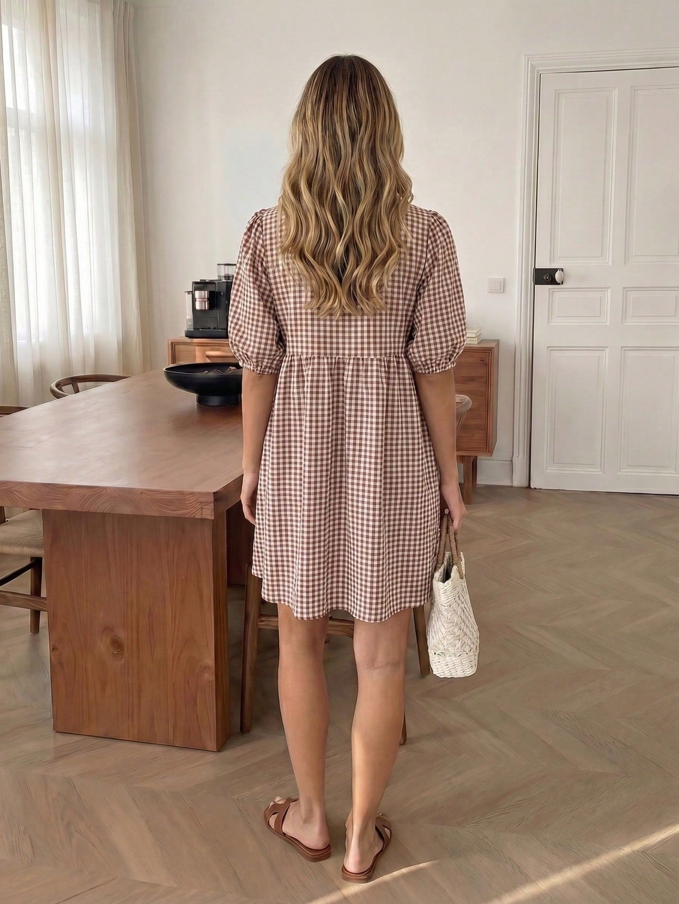 Easowa V-Neck Tie Bow Puff Sleeve Lantern Sleeve Ruched Ruffle Hem A-Line Umbrella Skirt Sun Dress Doll Dress Mid-Sleeve Dress Yarn-Dyed Plaid Fabric Casual Loose Elegant Commute Old Money Style Vacat