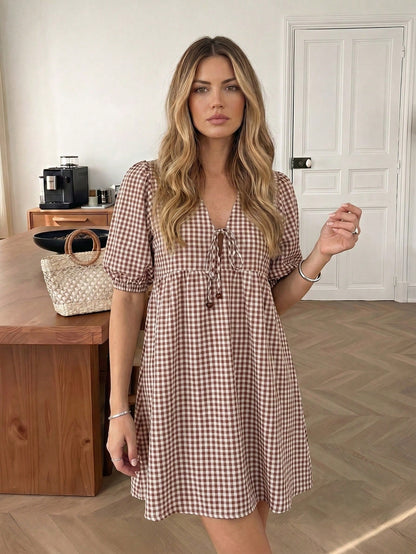 Easowa V-Neck Tie Bow Puff Sleeve Lantern Sleeve Ruched Ruffle Hem A-Line Umbrella Skirt Sun Dress Doll Dress Mid-Sleeve Dress Yarn-Dyed Plaid Fabric Casual Loose Elegant Commute Old Money Style Vacat