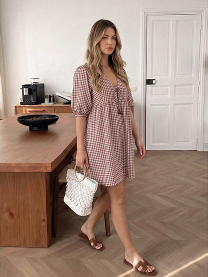 Easowa V-Neck Tie Bow Puff Sleeve Lantern Sleeve Ruched Ruffle Hem A-Line Umbrella Skirt Sun Dress Doll Dress Mid-Sleeve Dress Yarn-Dyed Plaid Fabric Casual Loose Elegant Commute Old Money Style Vacat