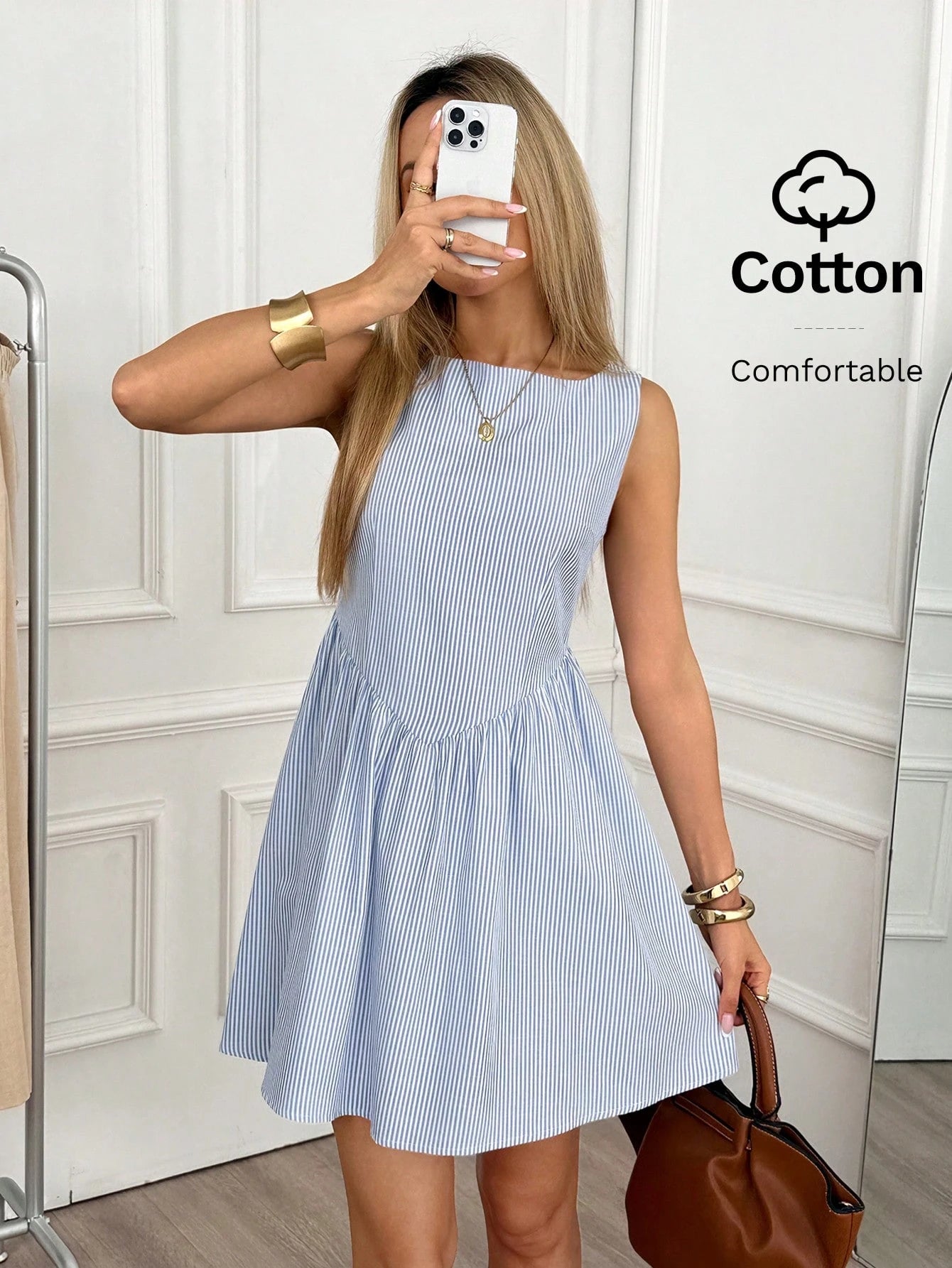Easowa Women's Blue And White Stripe Print Casual Sleeveless Mini Dress, Summer Brunch Cotton Material Is Comfortable Vacation Outfits