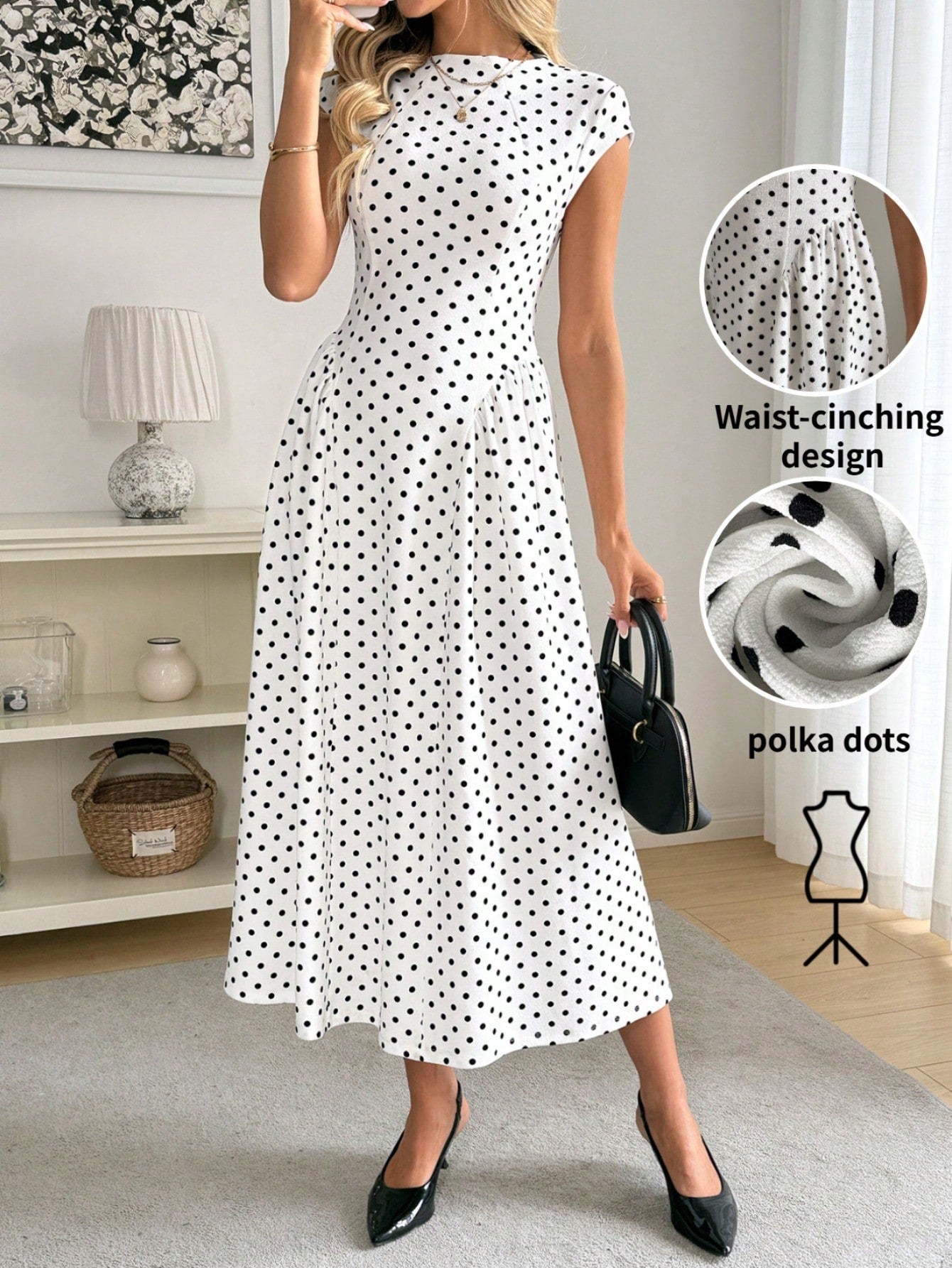 Easowa Women's Elegant White With Black Polka Dots Midi Dress,Cap Sleeves High Neck A-Line Summer Vacation Style,Chic Date Night Outfit For Spring & Party