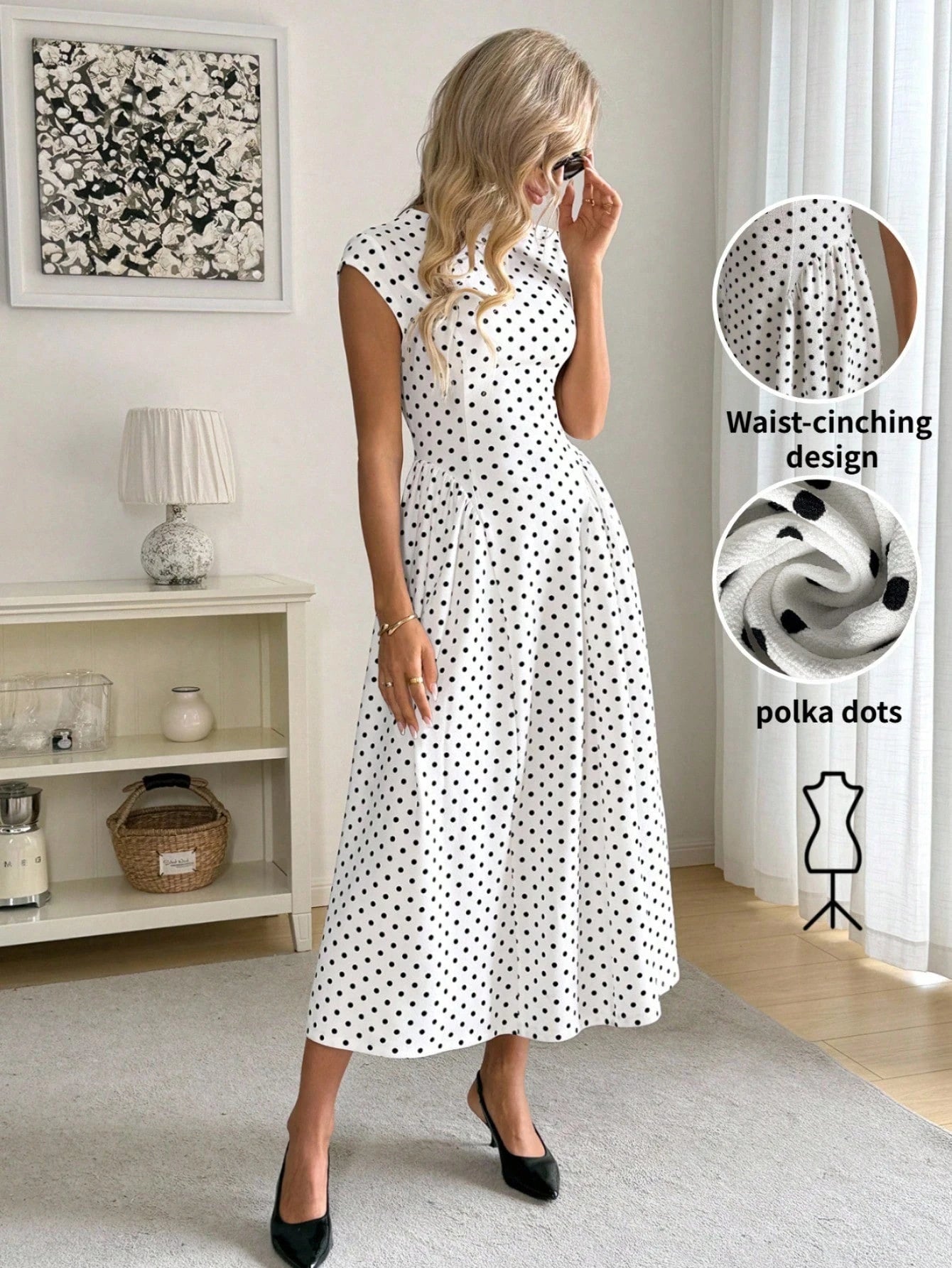 Easowa Women's Elegant White With Black Polka Dots Midi Dress,Cap Sleeves High Neck A-Line Summer Vacation Style,Chic Date Night Outfit For Spring & Party