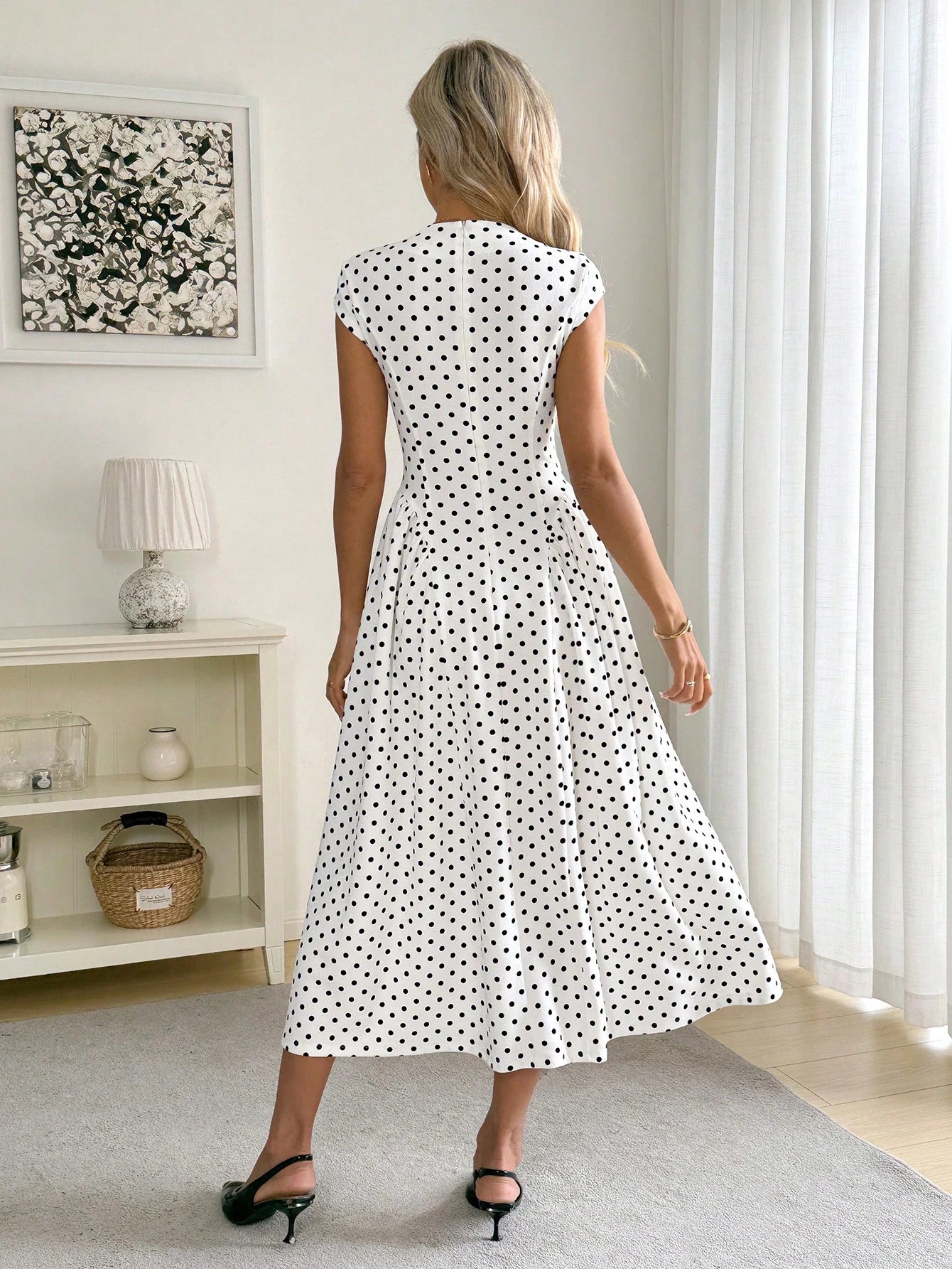 Easowa Women's Elegant White With Black Polka Dots Midi Dress,Cap Sleeves High Neck A-Line Summer Vacation Style,Chic Date Night Outfit For Spring & Party
