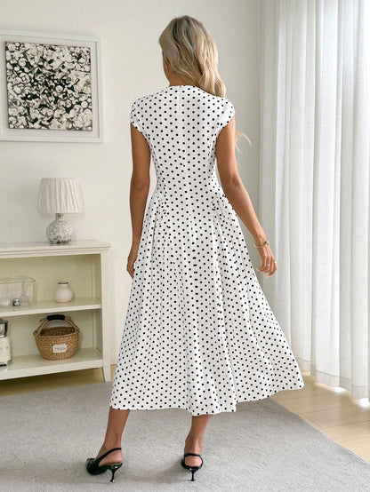 Easowa Women's Elegant White With Black Polka Dots Midi Dress,Cap Sleeves High Neck A-Line Summer Vacation Style,Chic Date Night Outfit For Spring & Party