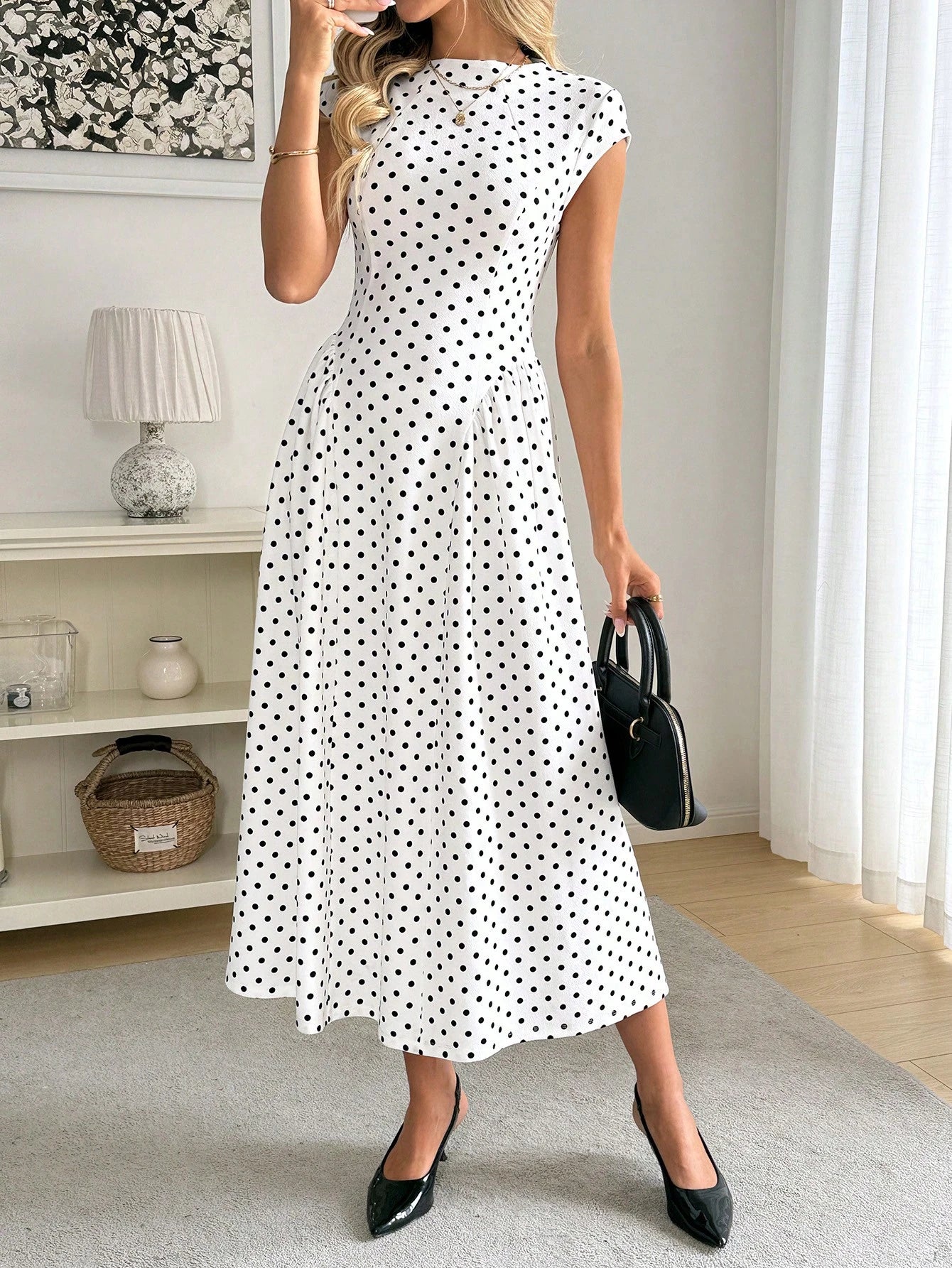 Easowa Women's Elegant White With Black Polka Dots Midi Dress,Cap Sleeves High Neck A-Line Summer Vacation Style,Chic Date Night Outfit For Spring & Party