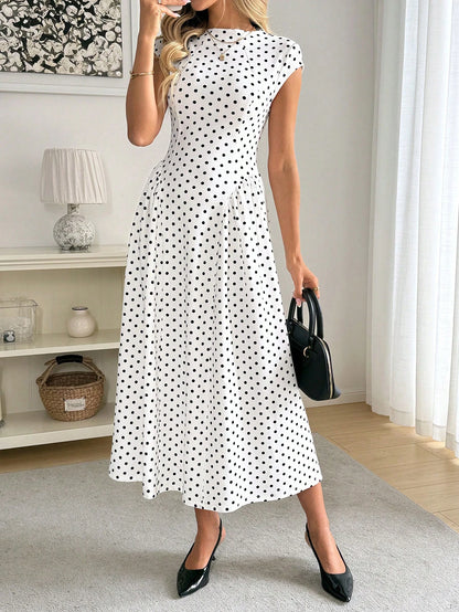 Easowa Women's Elegant White With Black Polka Dots Midi Dress,Cap Sleeves High Neck A-Line Summer Vacation Style,Chic Date Night Outfit For Spring & Party