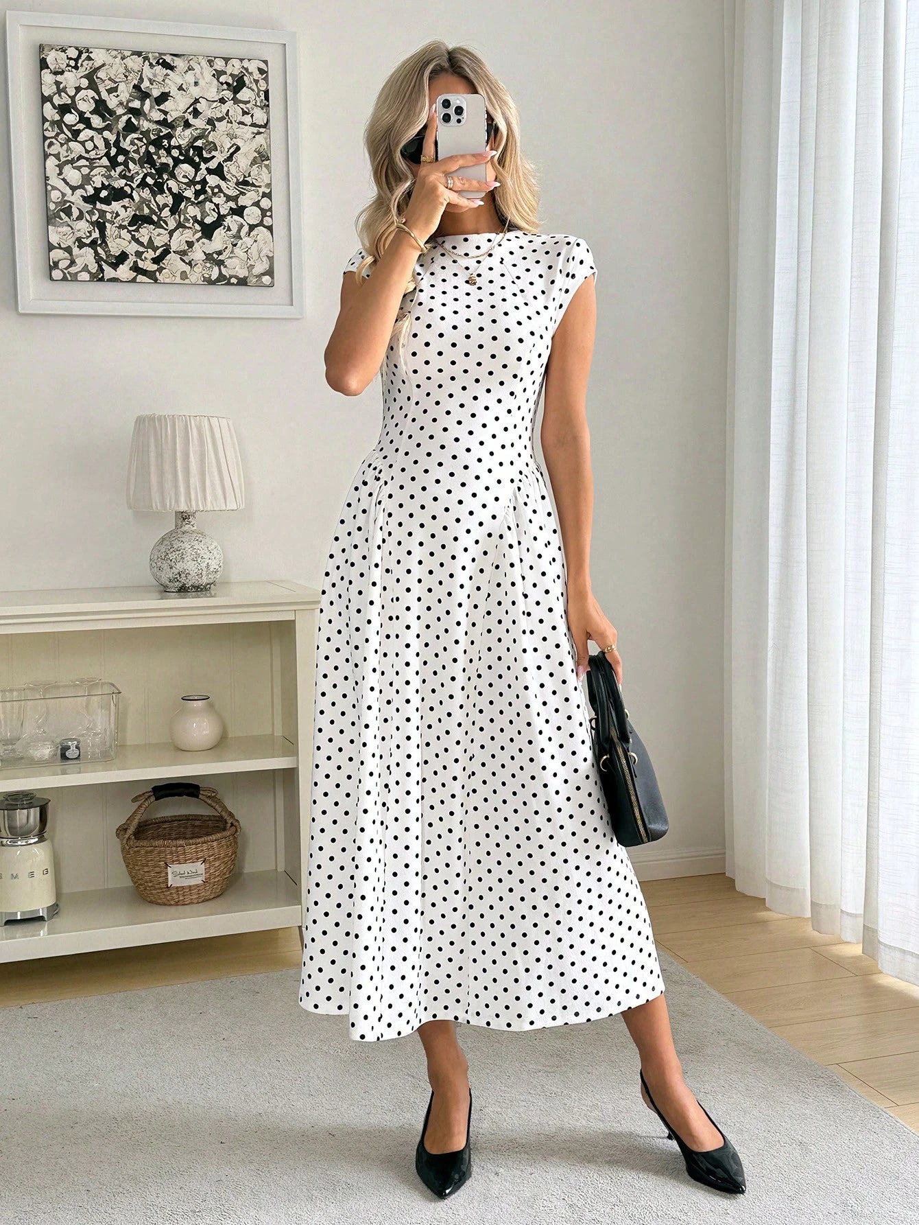 Easowa Women's Elegant White With Black Polka Dots Midi Dress,Cap Sleeves High Neck A-Line Summer Vacation Style,Chic Date Night Outfit For Spring & Party