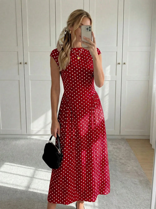 Easowa Women's Polka Dot Pleated Casual Elegant French Minimalist Midi Dress, Suitable For Party Date Night Brunch Date And Outing, Red And White Polka Dot