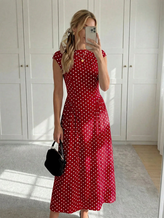 Easowa Women's Polka Dot Pleated Casual Elegant French Minimalist Midi Dress, Suitable For Party Date Night Brunch Date And Outing, Red And White Polka Dot