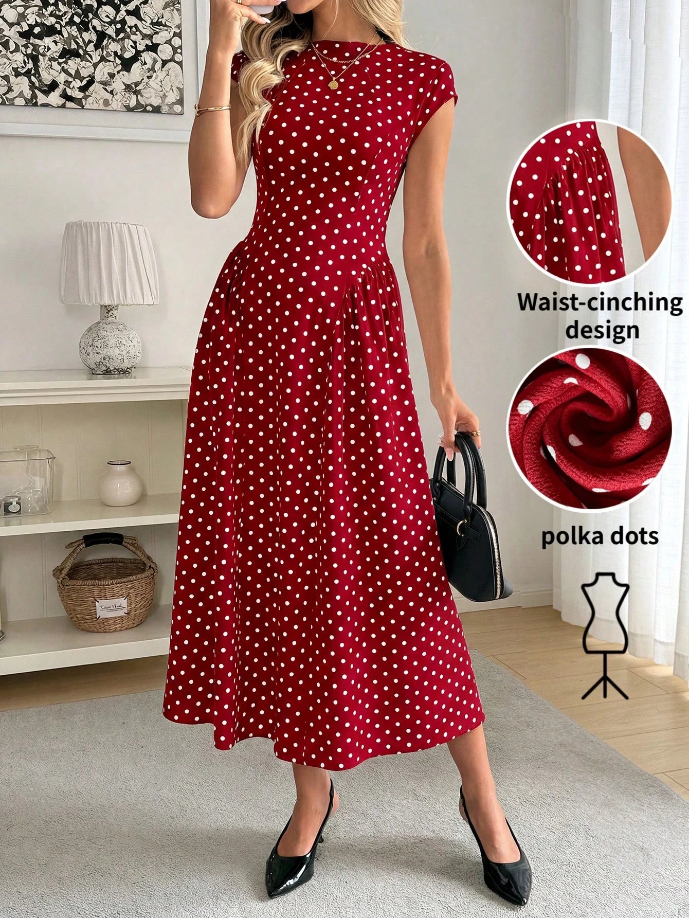Easowa Women's Polka Dot Pleated Casual Elegant French Minimalist Midi Dress, Suitable For Party Date Night Brunch Date And Outing, Red And White Polka Dot