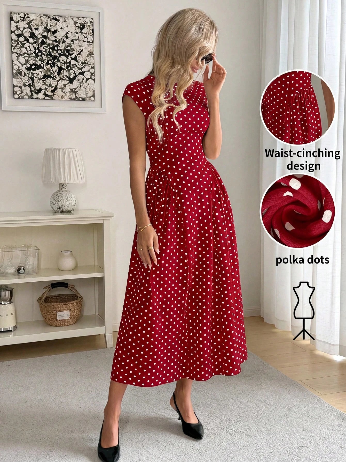 Easowa Women's Polka Dot Pleated Casual Elegant French Minimalist Midi Dress, Suitable For Party Date Night Brunch Date And Outing, Red And White Polka Dot