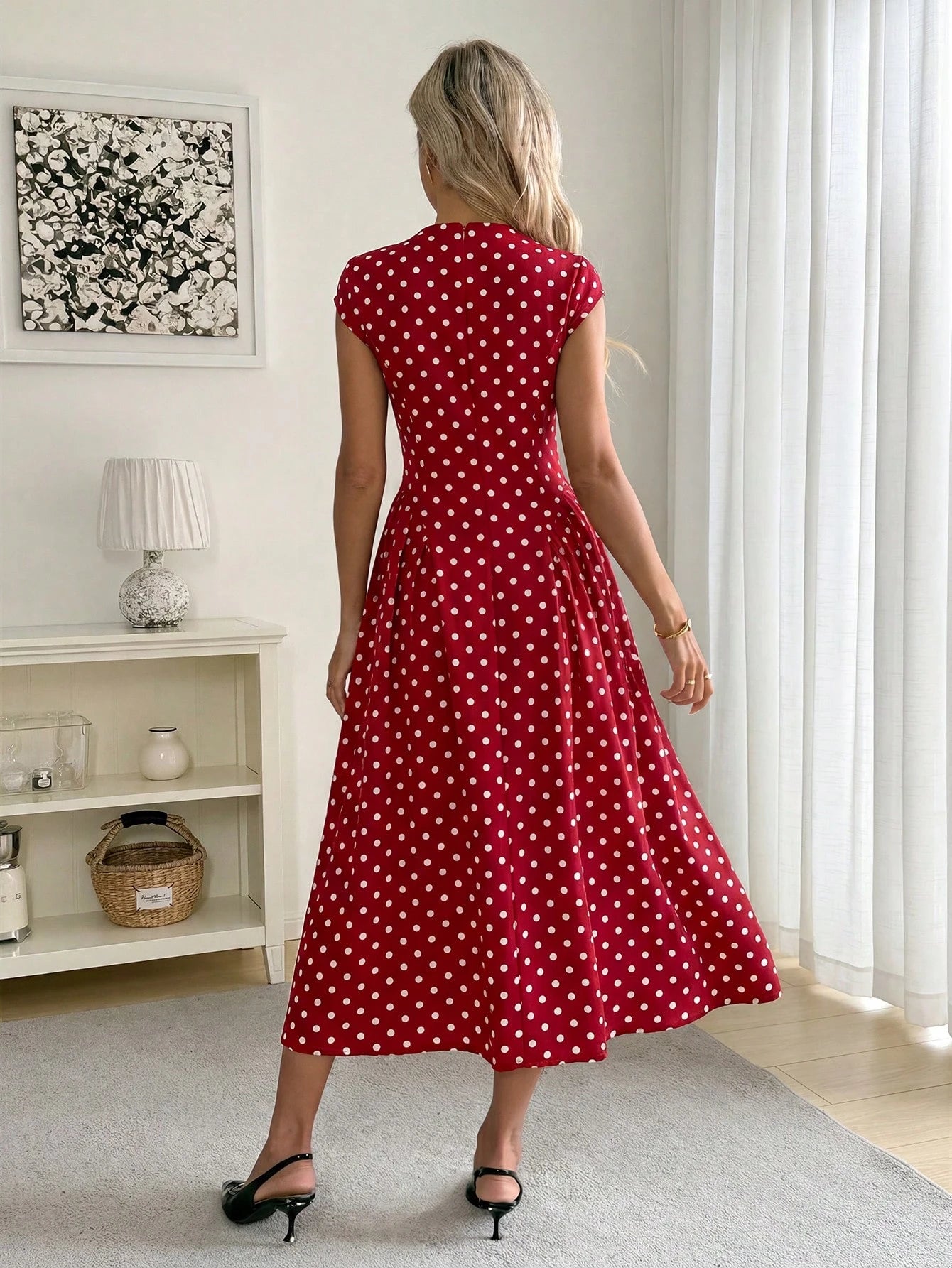 Easowa Women's Polka Dot Pleated Casual Elegant French Minimalist Midi Dress, Suitable For Party Date Night Brunch Date And Outing, Red And White Polka Dot