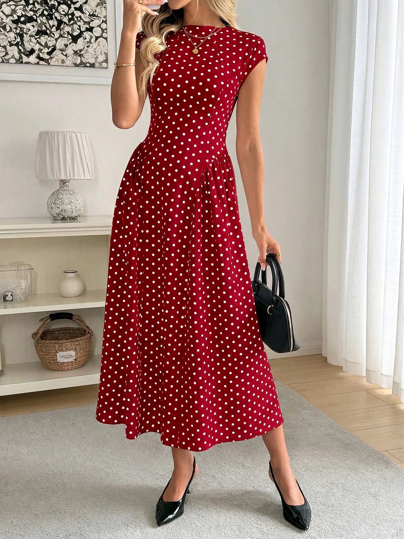 Easowa Women's Polka Dot Pleated Casual Elegant French Minimalist Midi Dress, Suitable For Party Date Night Brunch Date And Outing, Red And White Polka Dot