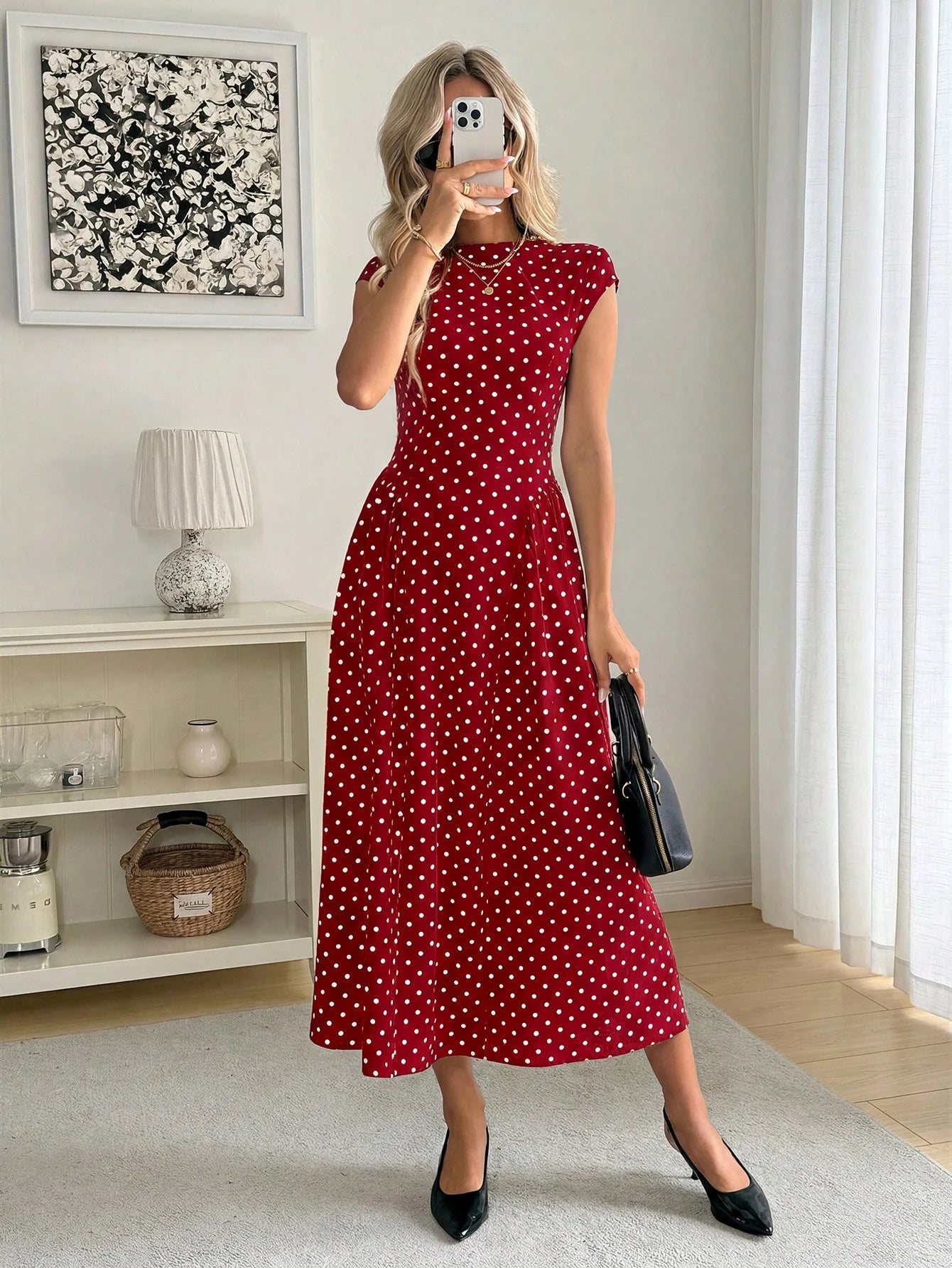 Easowa Women's Polka Dot Pleated Casual Elegant French Minimalist Midi Dress, Suitable For Party Date Night Brunch Date And Outing, Red And White Polka Dot