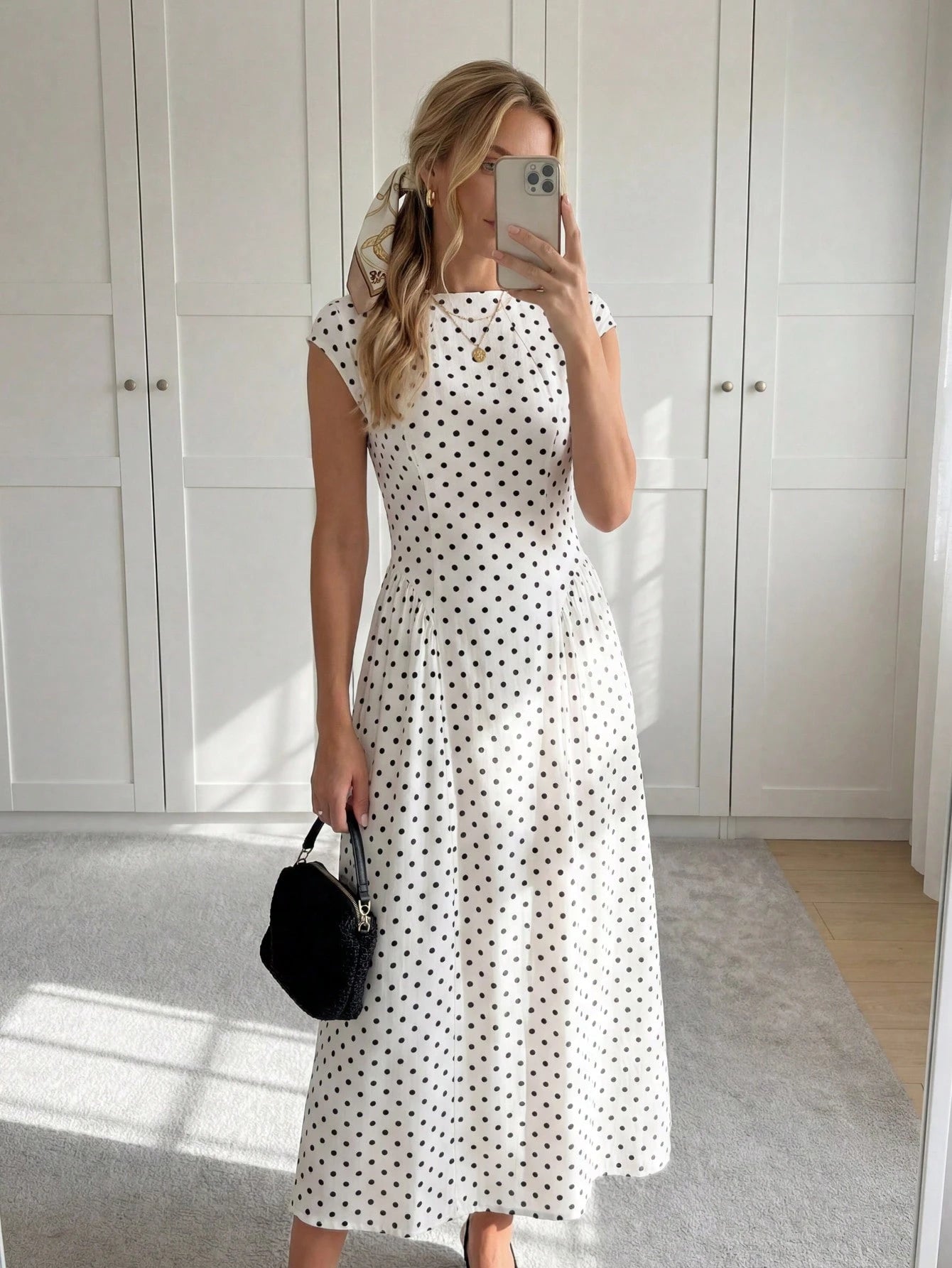 Easowa Women's Polka Dot Pleated Casual Elegant French Minimalist Midi Dress, Suitable For Party Date Night Brunch Date And Outing, Red And White Polka Dot