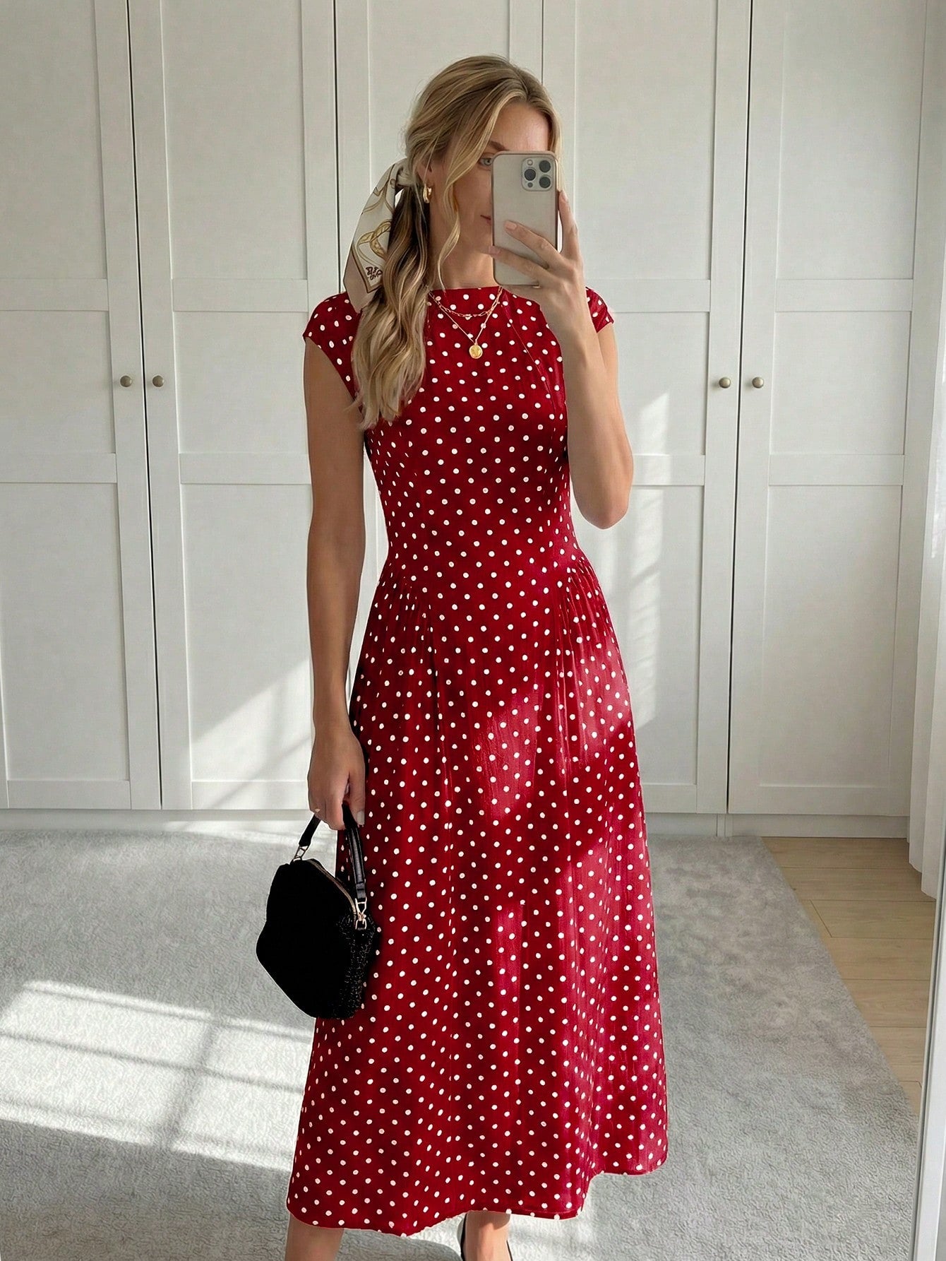 Easowa Women's Polka Dot Pleated Casual Elegant French Minimalist Midi Dress, Suitable For Party Date Night Brunch Date And Outing, Red And White Polka Dot