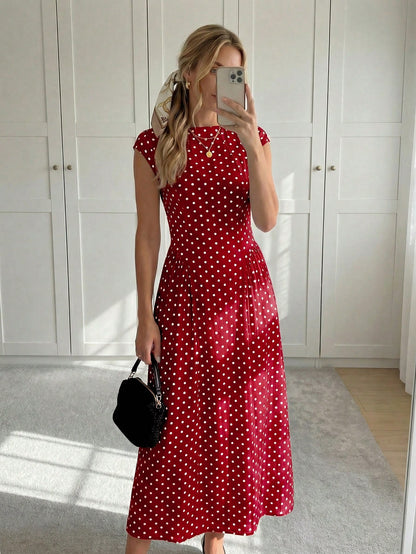 Easowa Women's Polka Dot Pleated Casual Elegant French Minimalist Midi Dress, Suitable For Party Date Night Brunch Date And Outing, Red And White Polka Dot