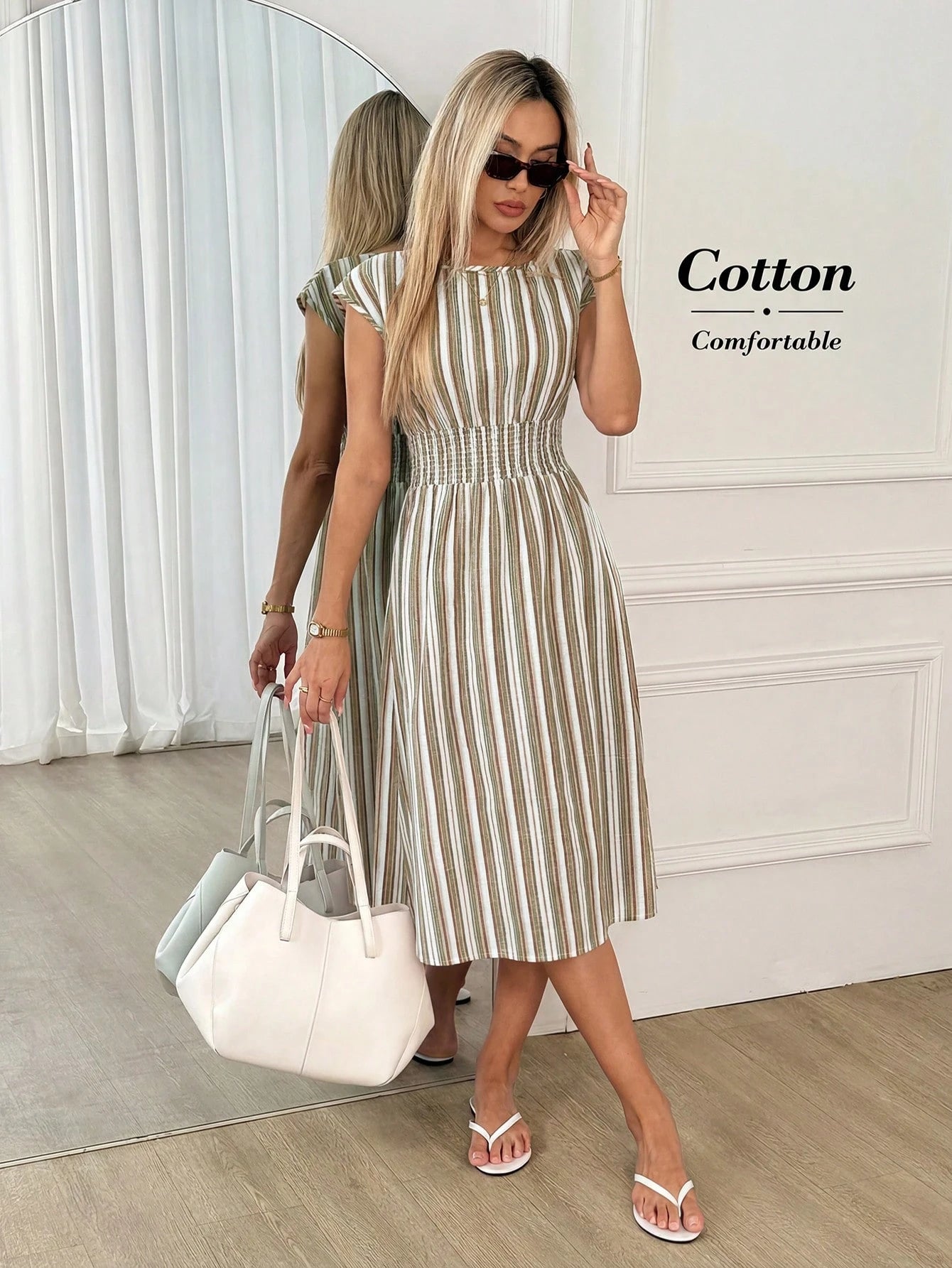 Easowa Women's Striped Colorblock Pleated Elegant Waist-Cinched Midi Party Dress