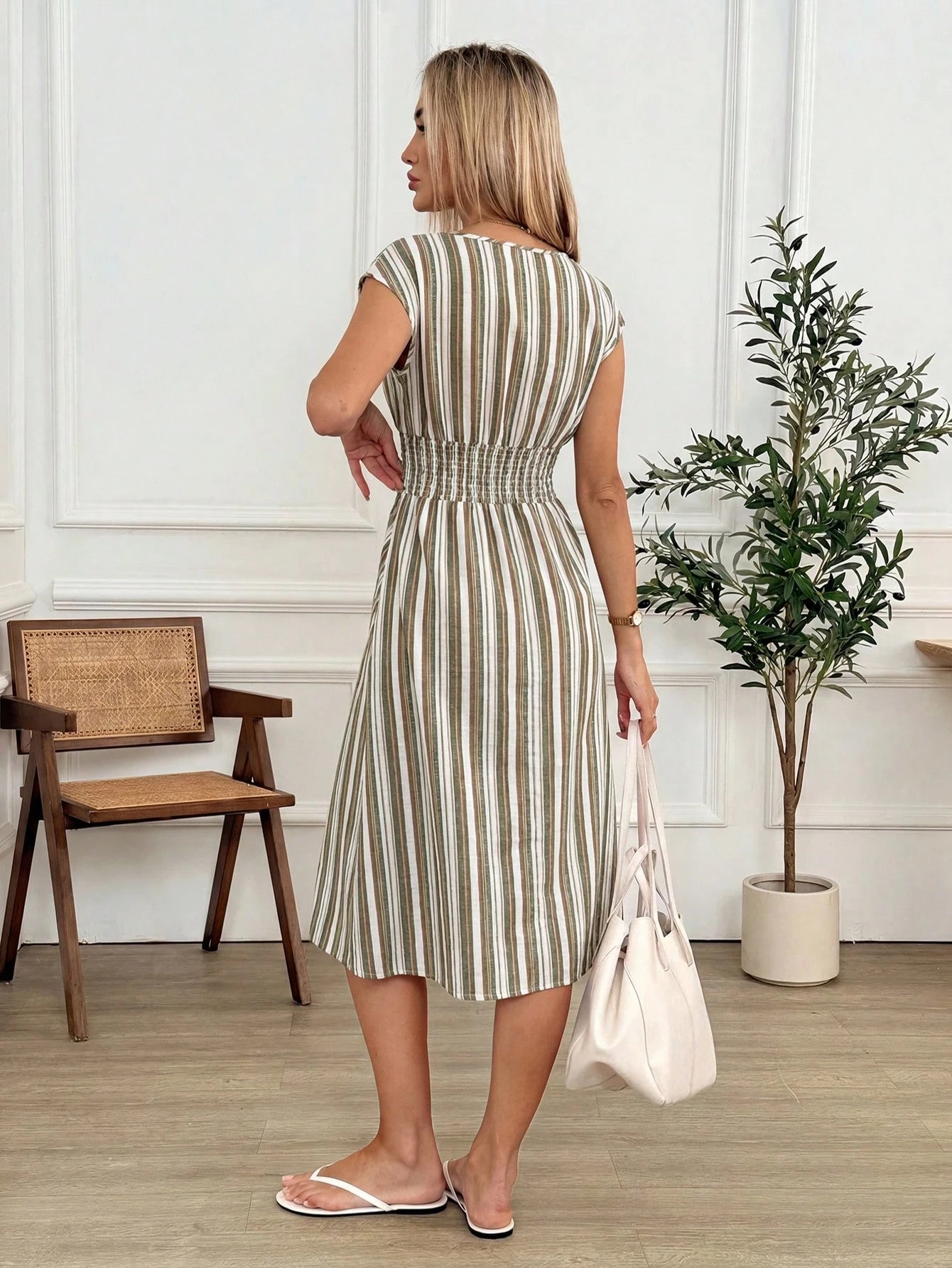 Easowa Women's Striped Colorblock Pleated Elegant Waist-Cinched Midi Party Dress