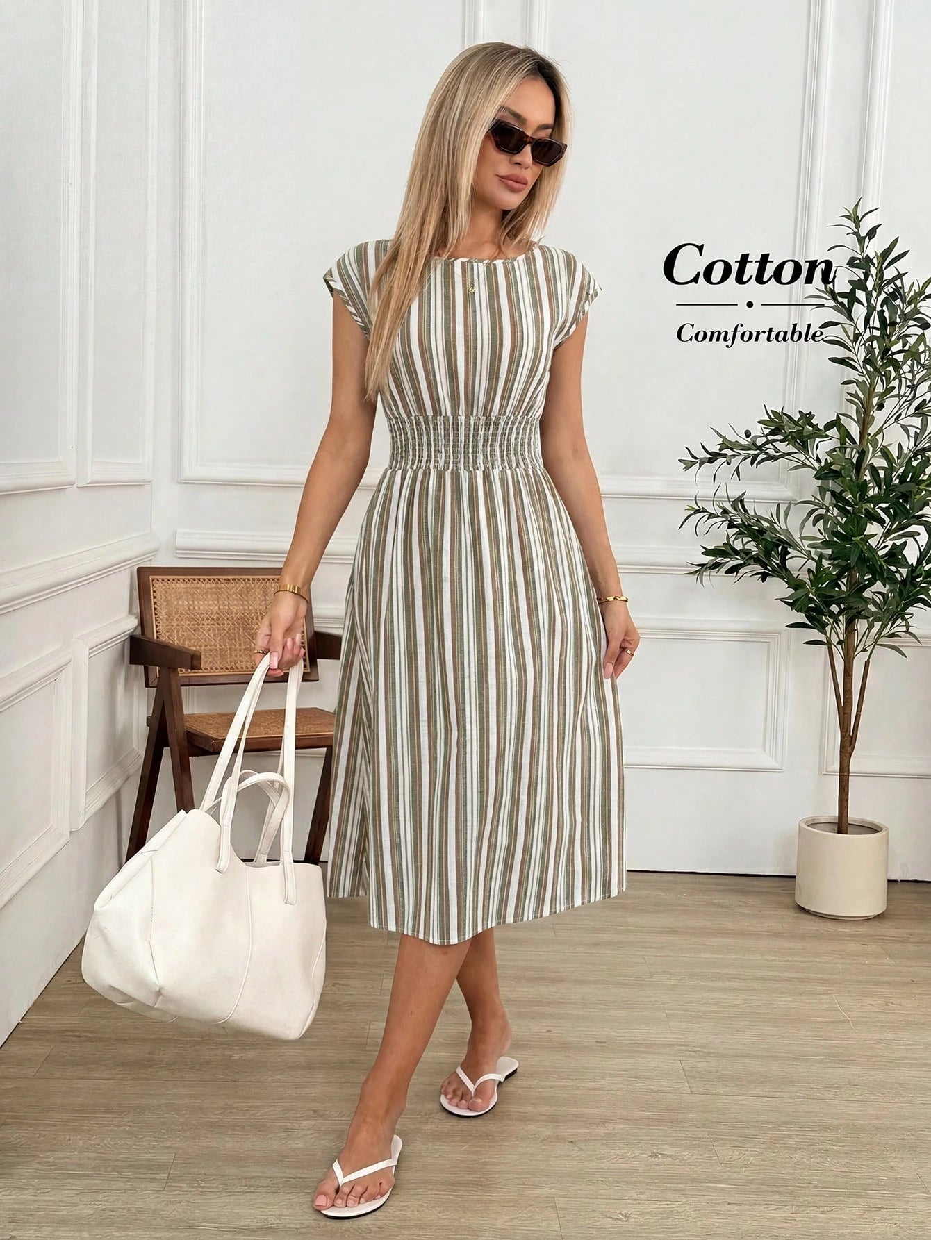 Easowa Women's Striped Colorblock Pleated Elegant Waist-Cinched Midi Party Dress